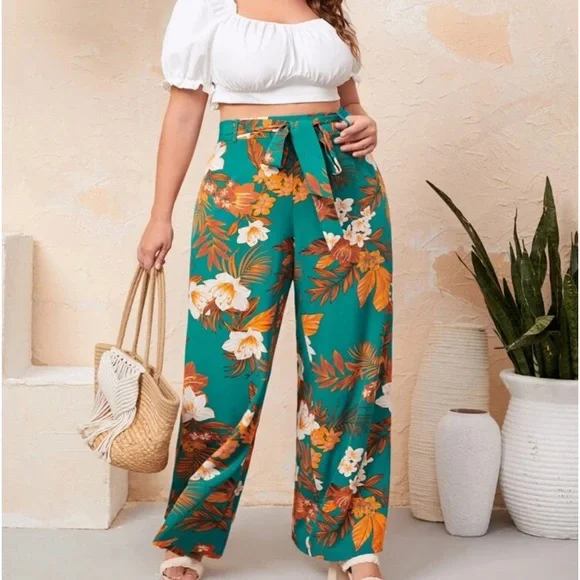 Boho Plus Size Floral Print Wide Leg Palazzo Pants - Picture 4 of 5